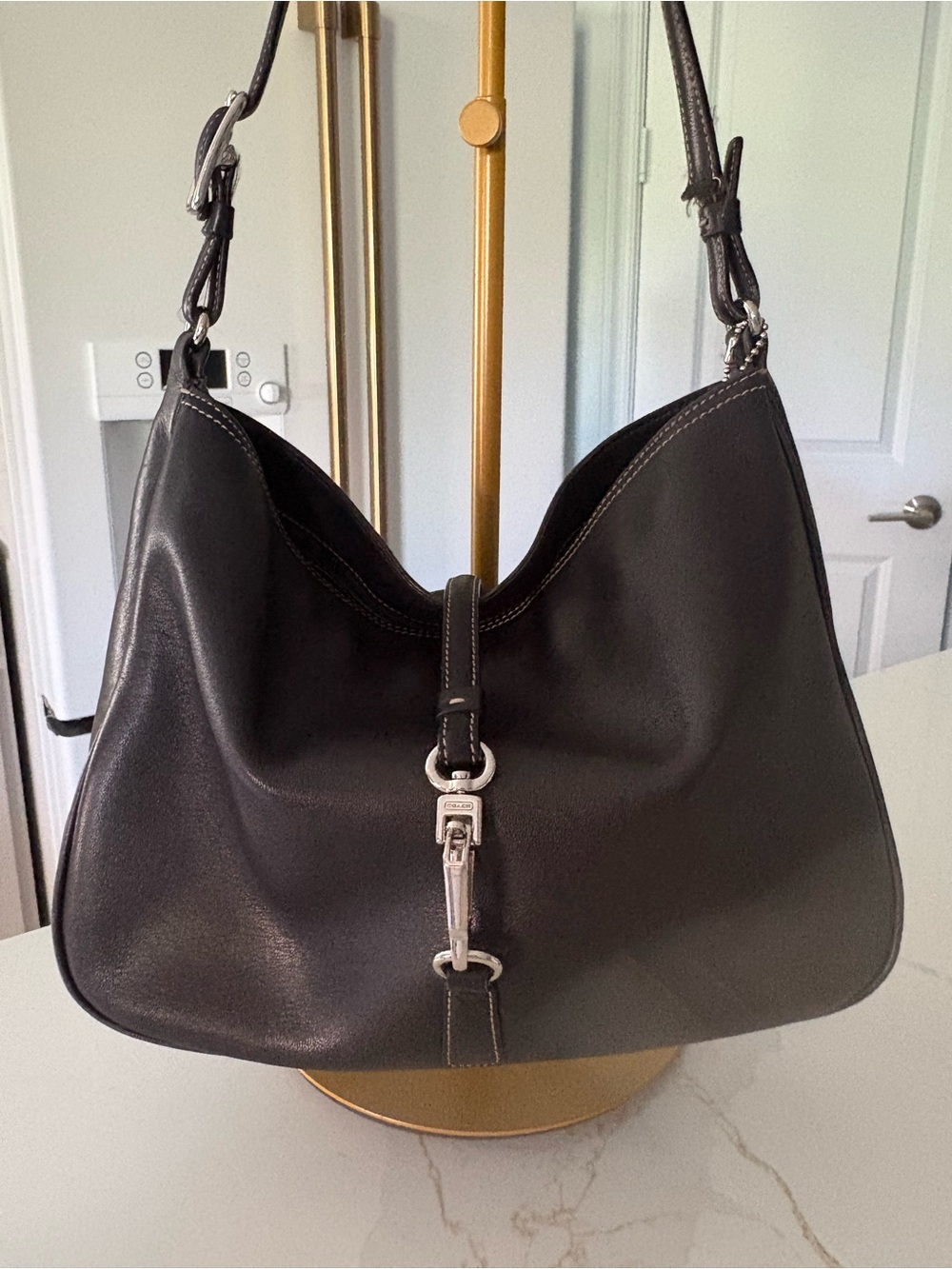 Vintage Coach Black Leather Shoulder Bag with Silver Hardware, Circa 90s